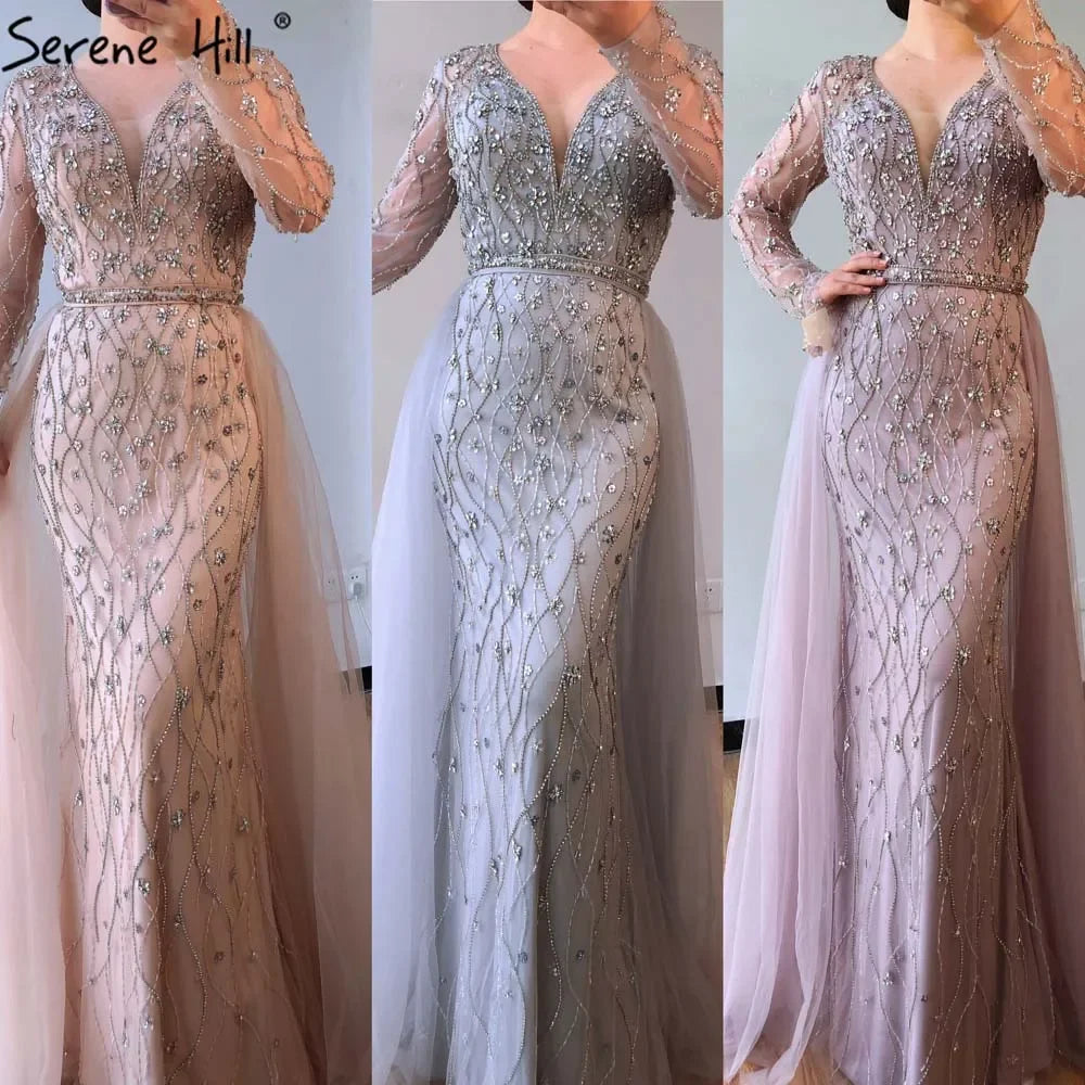 Serene Hill Lilac V-Neck Long Sleeves Mermaid Beaded Evening Dress Detachable Overskirt Party Gown for Women DLA70341