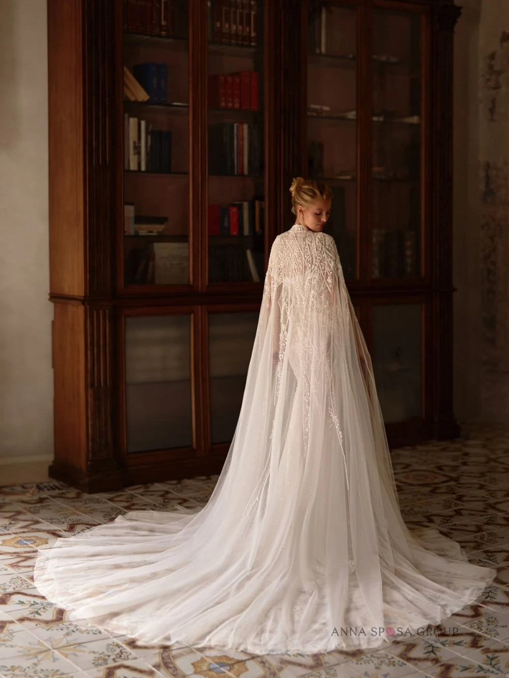 Luxury Beaded Lace Mermaid Wedding Dress With Cape And Illusion Neckline