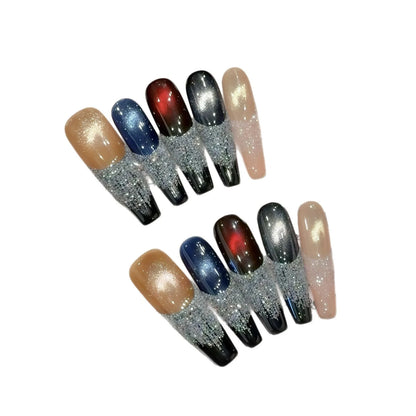 10 uñas postizas para niñas, con efecto ojo de gato, cielo estrellado, largas, hechas a mano, con diamantes brillantes, estilo Y2K. 