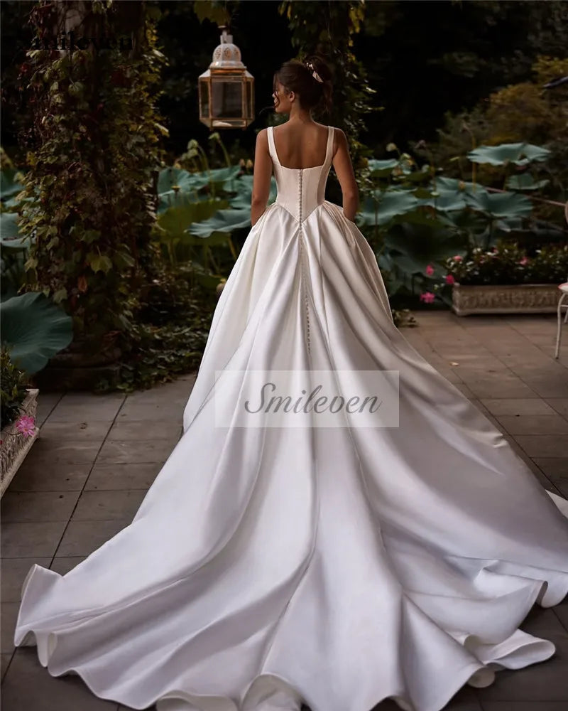 Custom Satin A Line Wedding Dress With Spaghetti Strap And Boat Neck