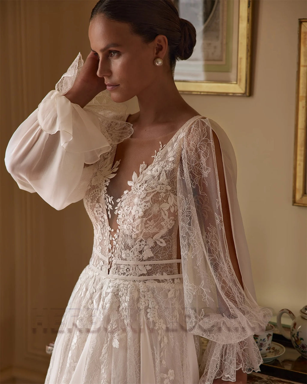 Custom A Line Wedding Dress With Lace Appliques Puff Sleeves Backless