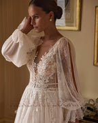 Custom A Line Wedding Dress With Lace Appliques Puff Sleeves Backless