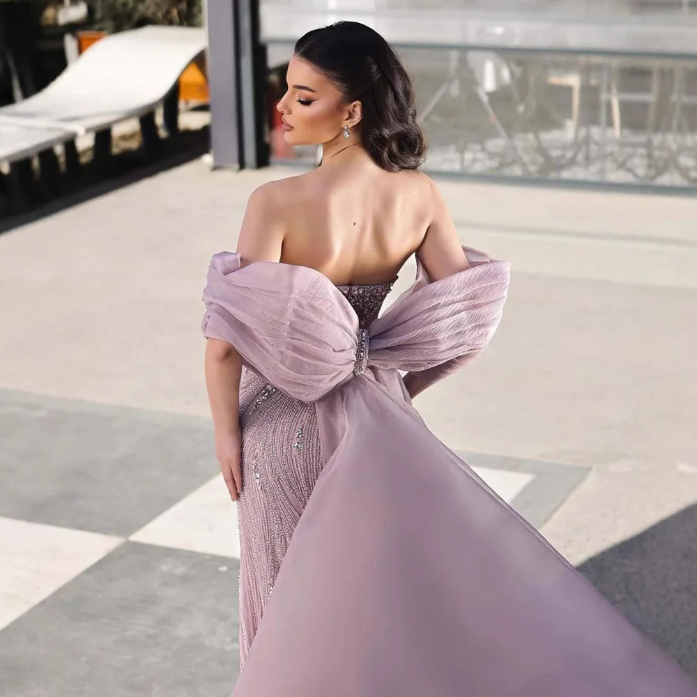 Custom Pink Mermaid Beaded Evening Dress For Women With Cape