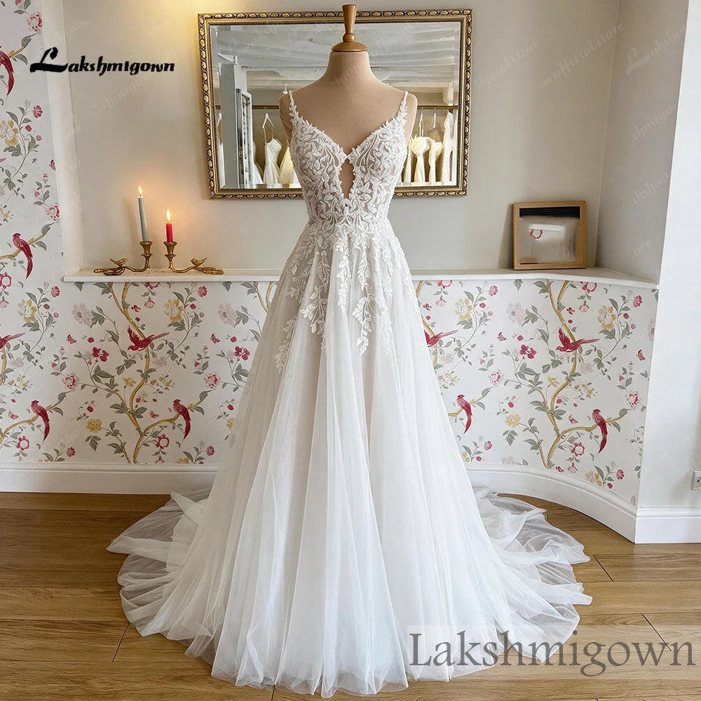 Custom A Line Wedding Dress Spaghetti Straps V Neck Beaded Lace Bridal Gown