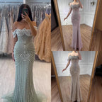 Customized Pink Beaded Off Shoulder Mermaid Evening Dress For Women