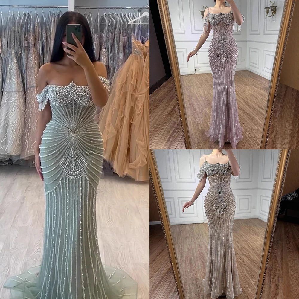 Customized Pink Beaded Off Shoulder Mermaid Evening Dress For Women