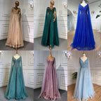 Luxury Custom Pink A Line Beaded Cape Sleeve Evening Dress Women Wedding