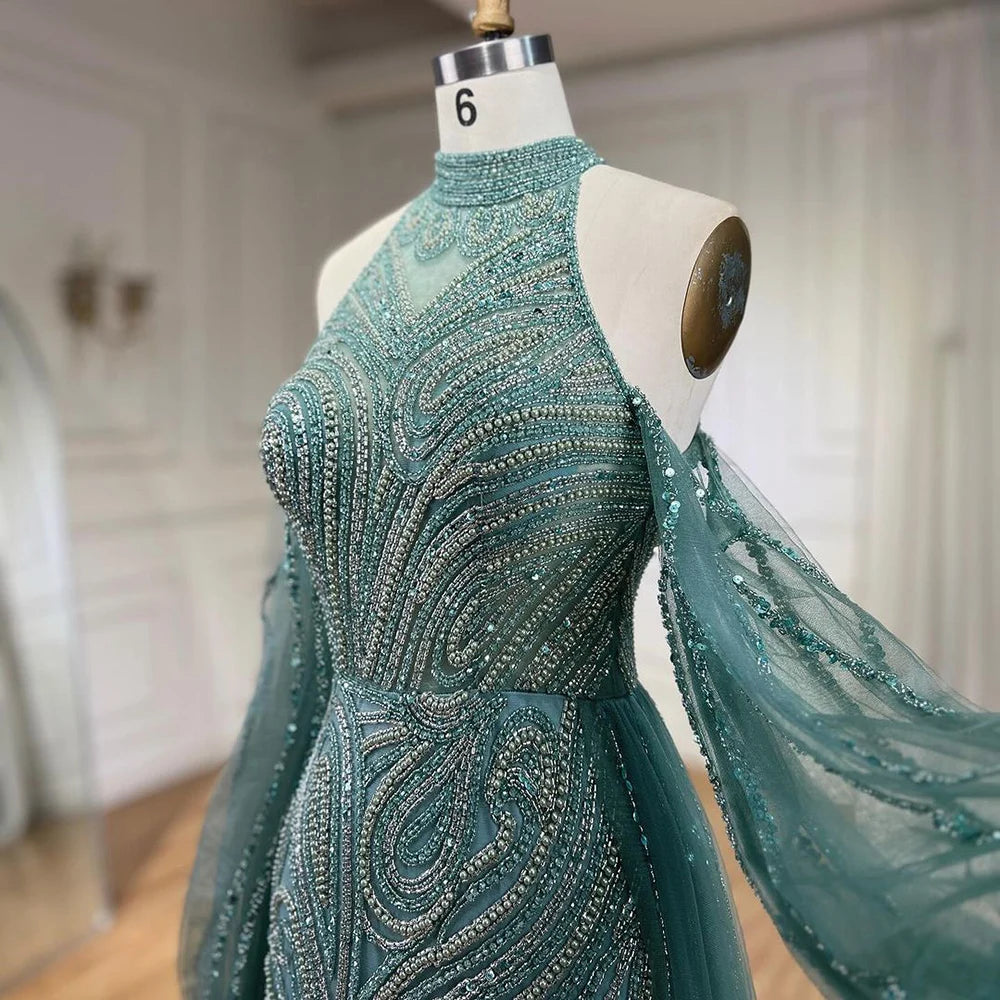 Serene Hill Customized Turquoise Mermaid Beaded Evening Dress Women Wedding
