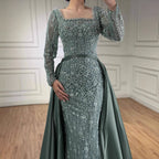 Serene Hill Turquoise Square Collar Mermaid Evening Dress With Long Sleeves