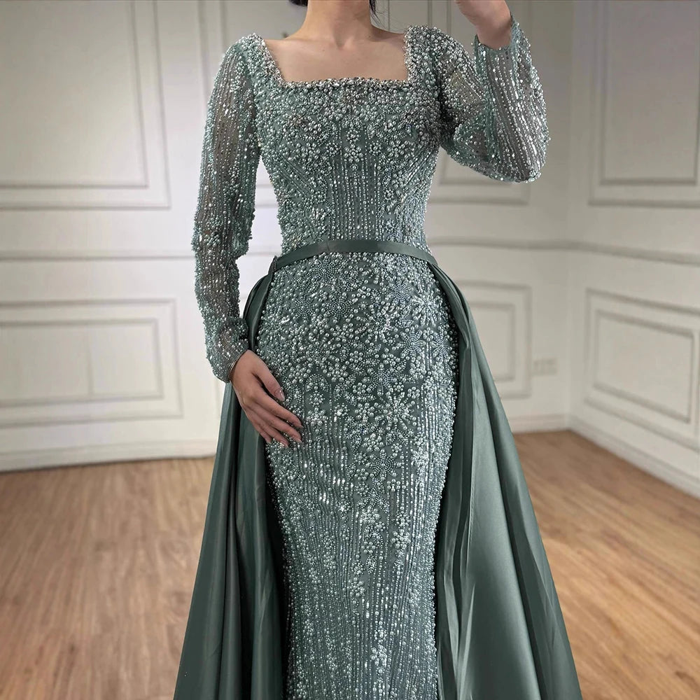 Serene Hill Turquoise Square Collar Mermaid Evening Dress With Long Sleeves