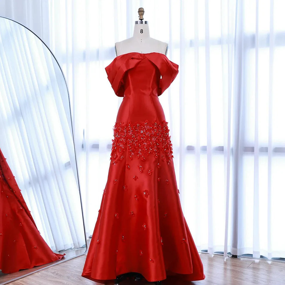 Serene Hill Elegant Red Floral Satin Off Shoulder Evening Gown