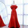 Serene Hill Elegant Red Floral Satin Off Shoulder Evening Gown
