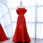 Serene Hill Elegant Red Floral Satin Off Shoulder Evening Gown