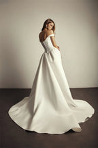 Kyoto Custom White Satin Off Shoulder A Line Wedding Dress With Court Train