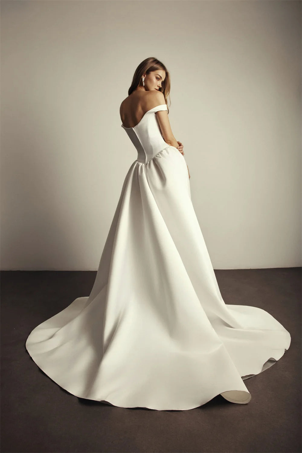 Kyoto Custom White Satin Off Shoulder A Line Wedding Dress With Court Train