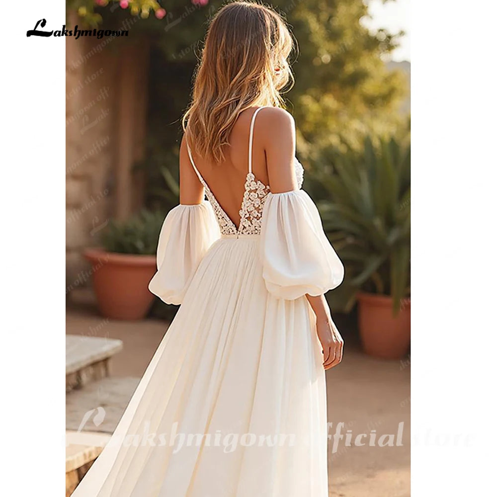 Ivory Chiffon V-Neck Beach Wedding Court Train Lace Spaghetti Straps Gown