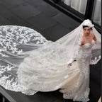 Custom Long Cathedral Wedding Veil With Lace Appliques And Comb