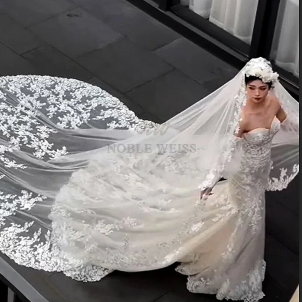 Custom Long Cathedral Wedding Veil With Lace Appliques And Comb