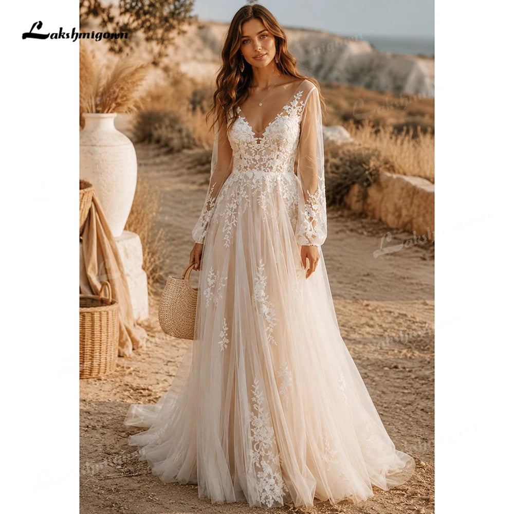 Customized Romantic Puff Long Sleeve Boho Lace Applique Wedding Dress