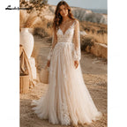 Customized Romantic Puff Long Sleeve Boho Lace Applique Wedding Dress