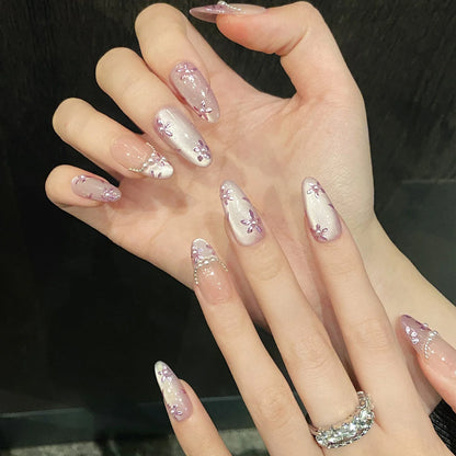 10 uñas postizas hechas a mano, estilo francés, morado claro, con diseño de ojo de gato, con delicados diseños florales, fáciles de usar. 