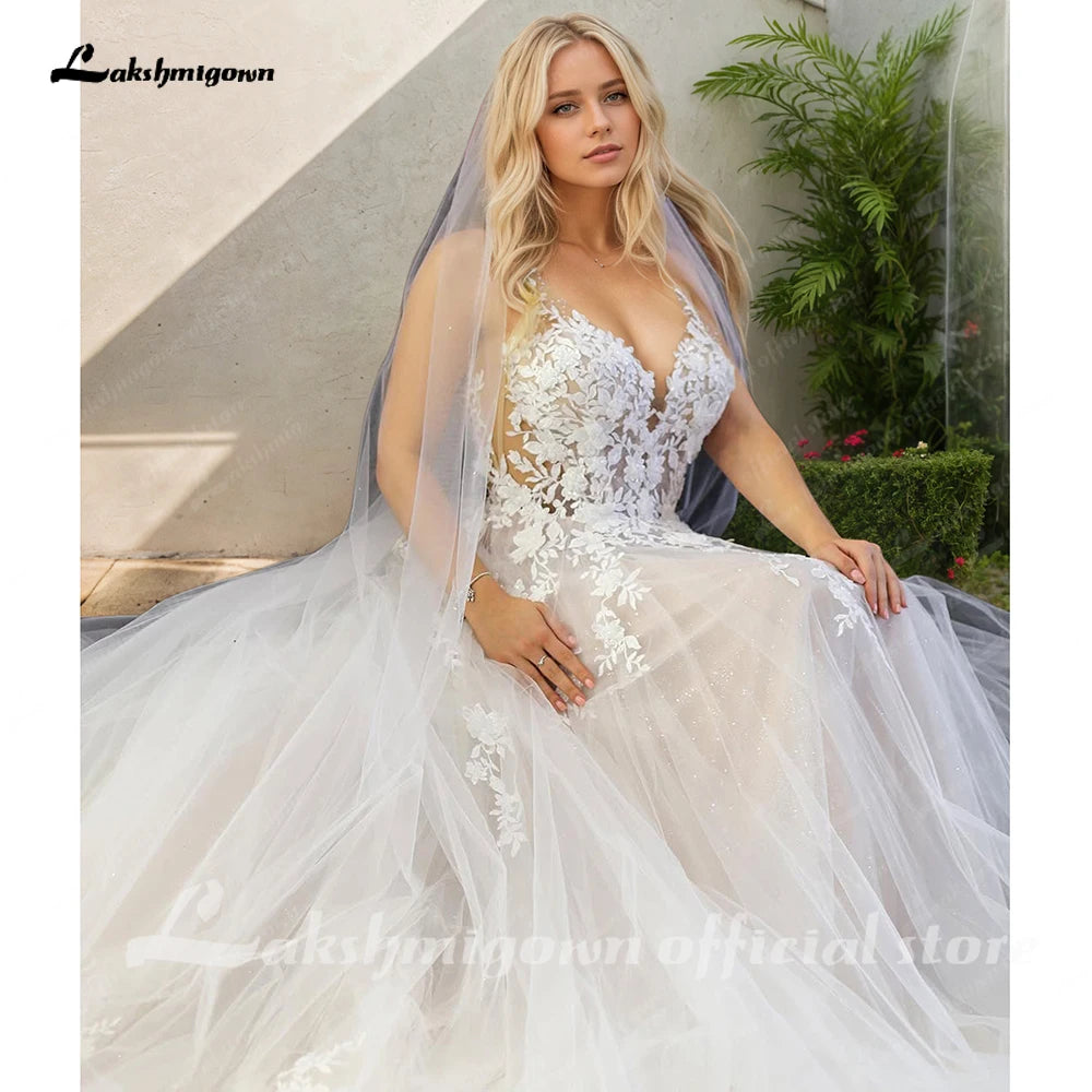 Lakshmigown Flowy A Line Tulle V Neck Wedding Dress With Custom Made Beach Bridal Gown