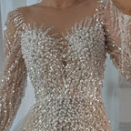 White Nude Long Sleeve Mermaid Beaded Pearl Custom Wedding Dress with Train