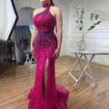 Green Halter Beaded Mermaid Evening Gown With High Split Custom Made For Women