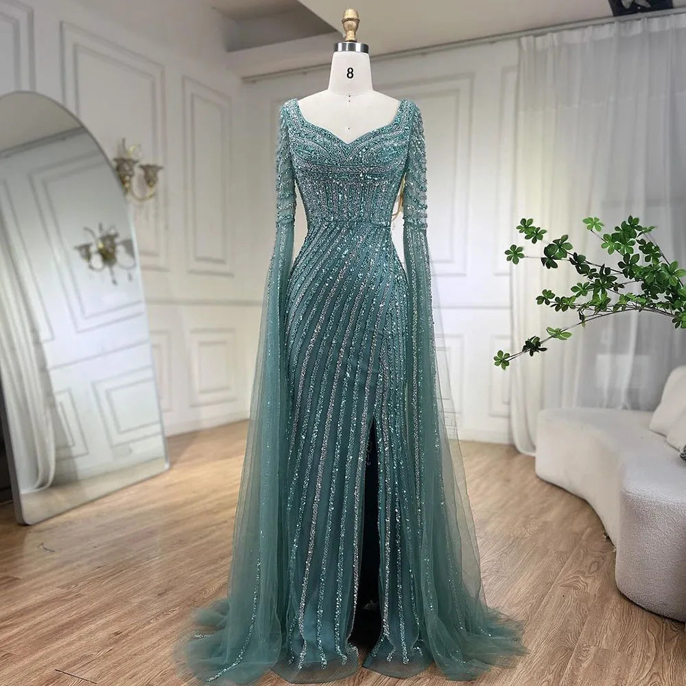 Turquoise Beaded Mermaid Evening Gown Sweetheart Overskirt Party Dress Women