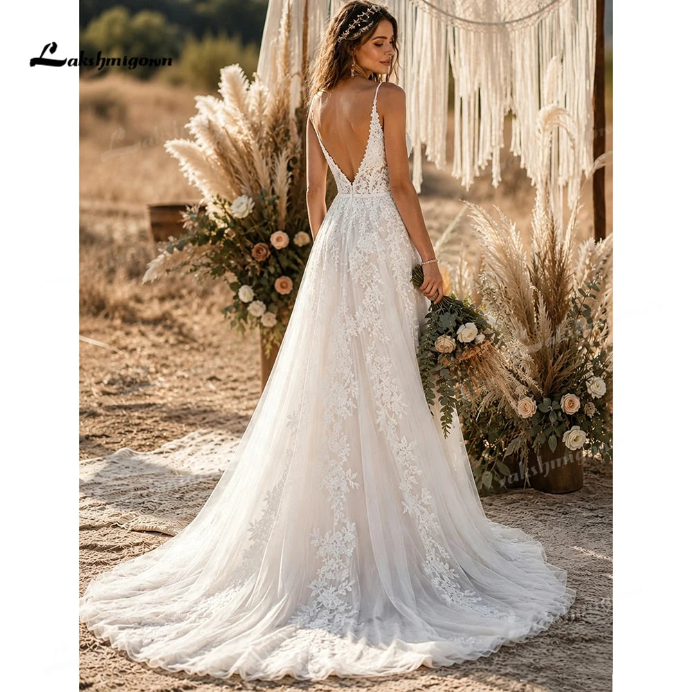 Custom Boho Wedding Dress With Floral Lace And Deep V Neck A Line Bridal