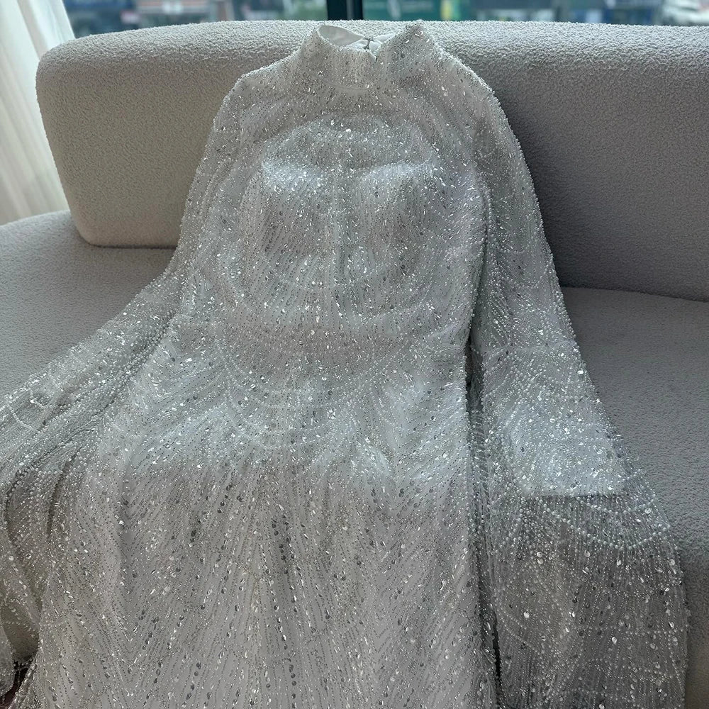 Custom White High Neck Long Sleeve Mermaid Evening Party Dress