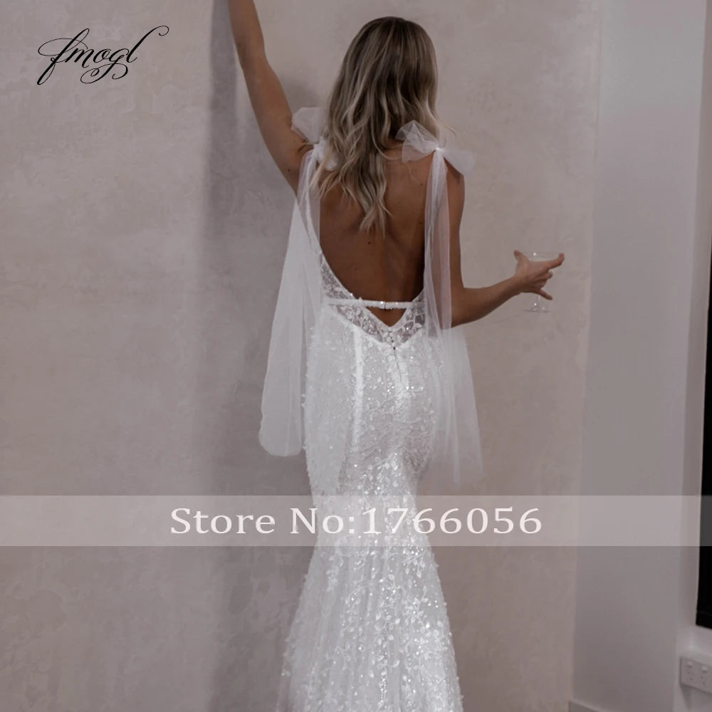 Custom Backless V Neck Lace Mermaid Wedding Dress Spaghetti Straps