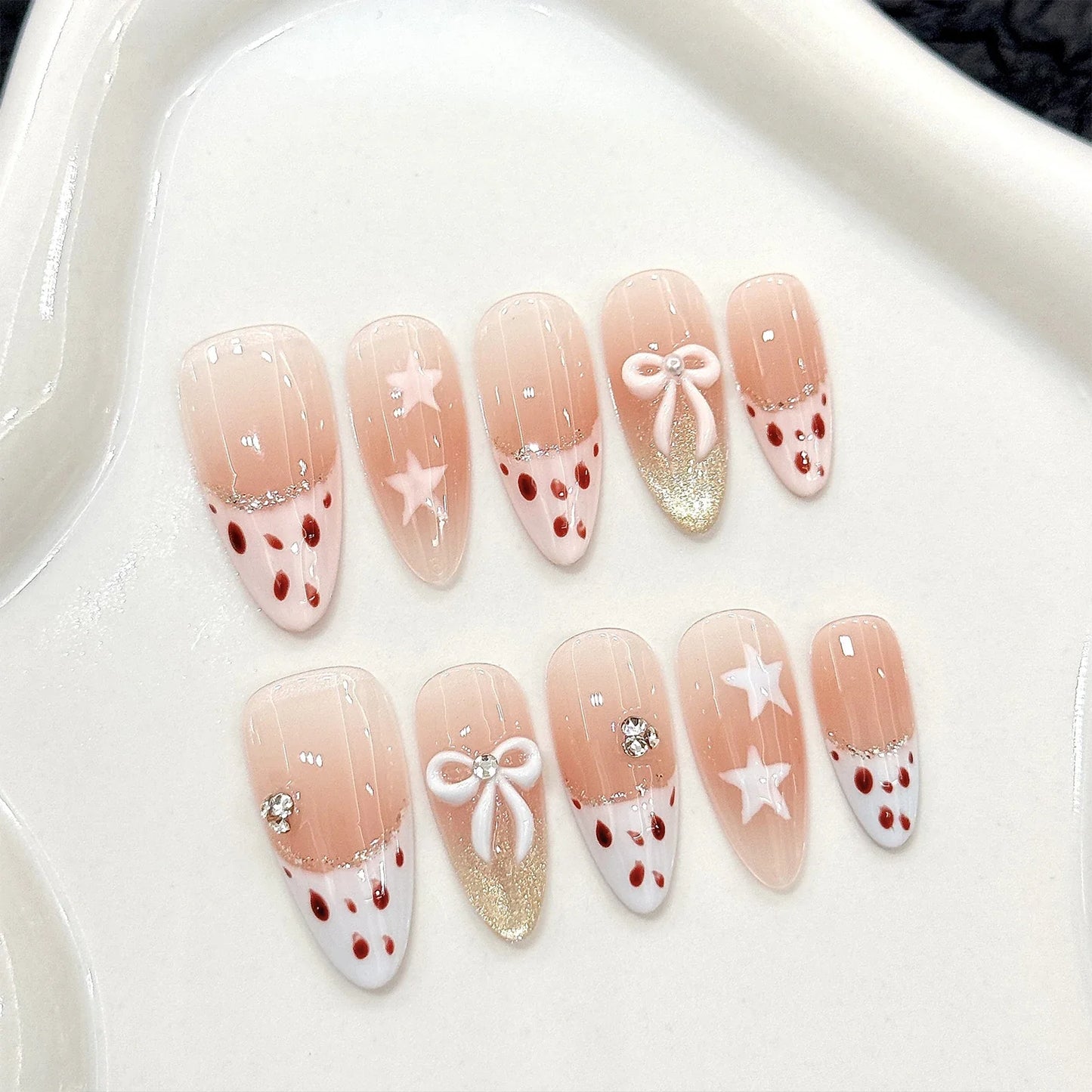 10 uñas postizas Y2k con lazo y estrellas, diseño de leopardo en rosa rubor, estilo francés, hechas a mano, con borde blanco y almendra. 