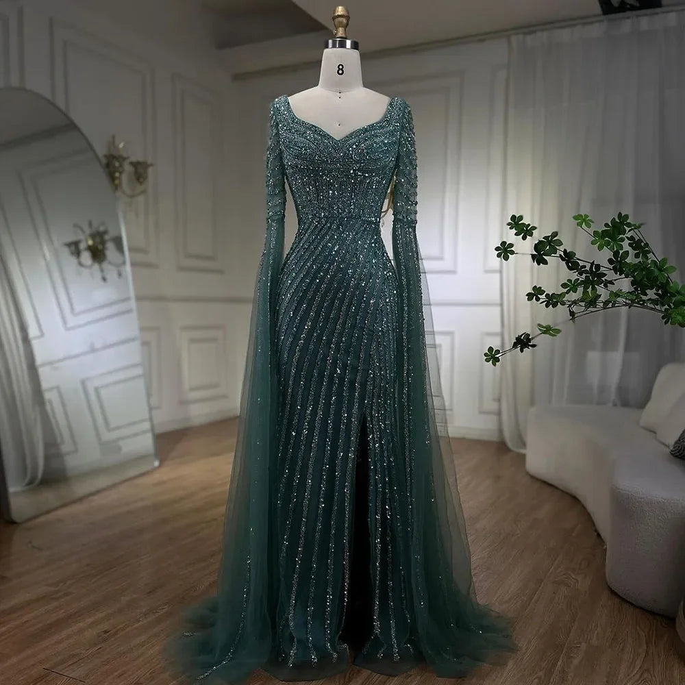 Turquoise Beaded Mermaid Evening Gown Sweetheart Overskirt Party Dress Women