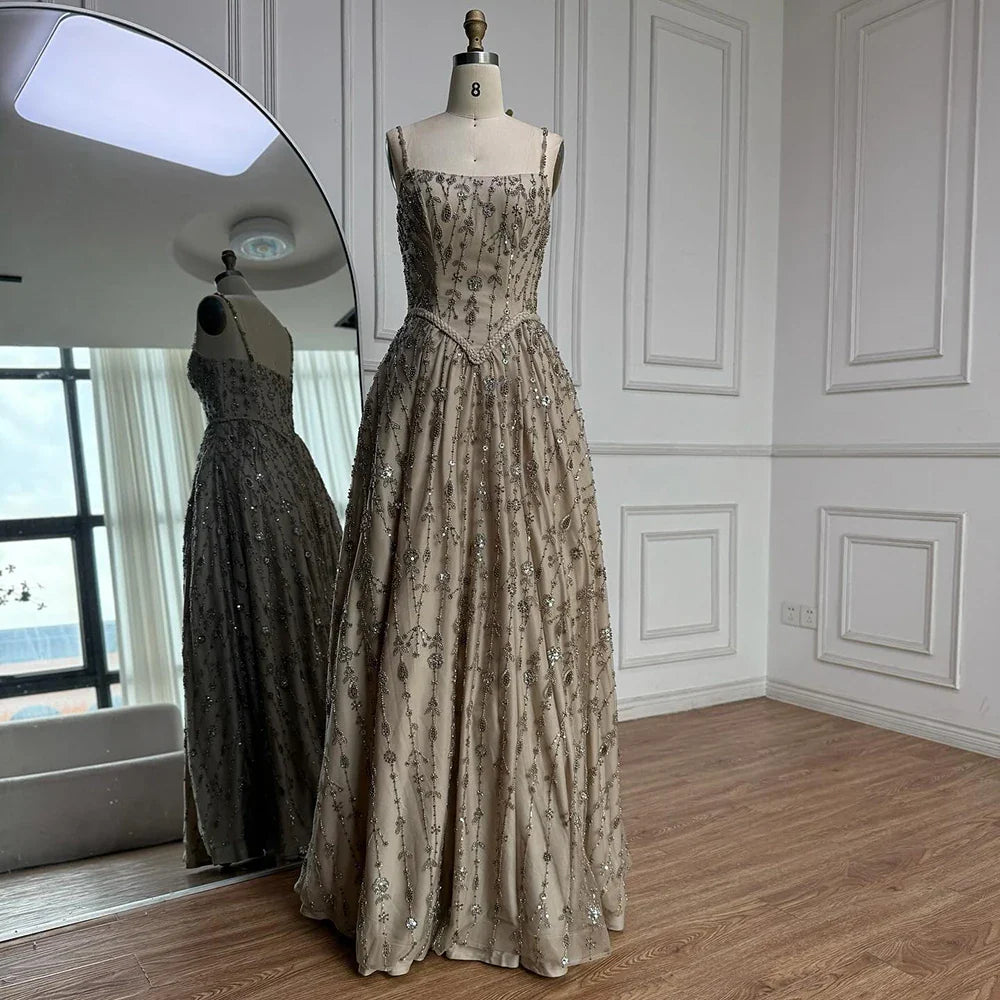 Luxury Sage Green Beaded A-Line Spaghetti Strap Evening Dress LA72805