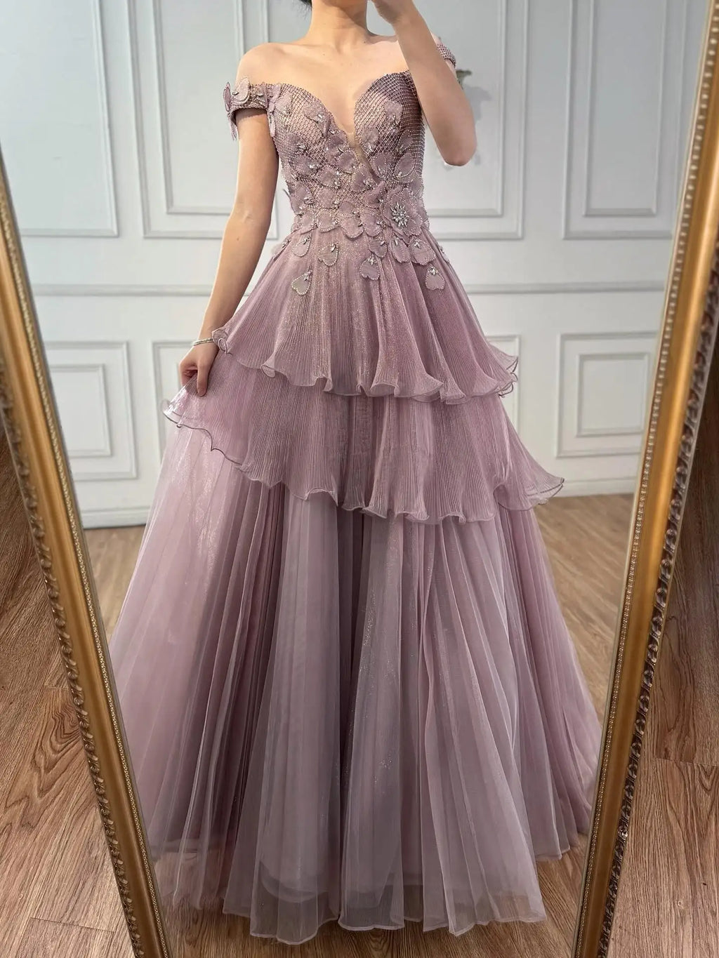 Luxury Pink Dreamy Ruffles Beaded A-Line Evening Dress LA73385