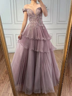 Luxury Pink Dreamy Ruffles Beaded A-Line Evening Dress LA73385