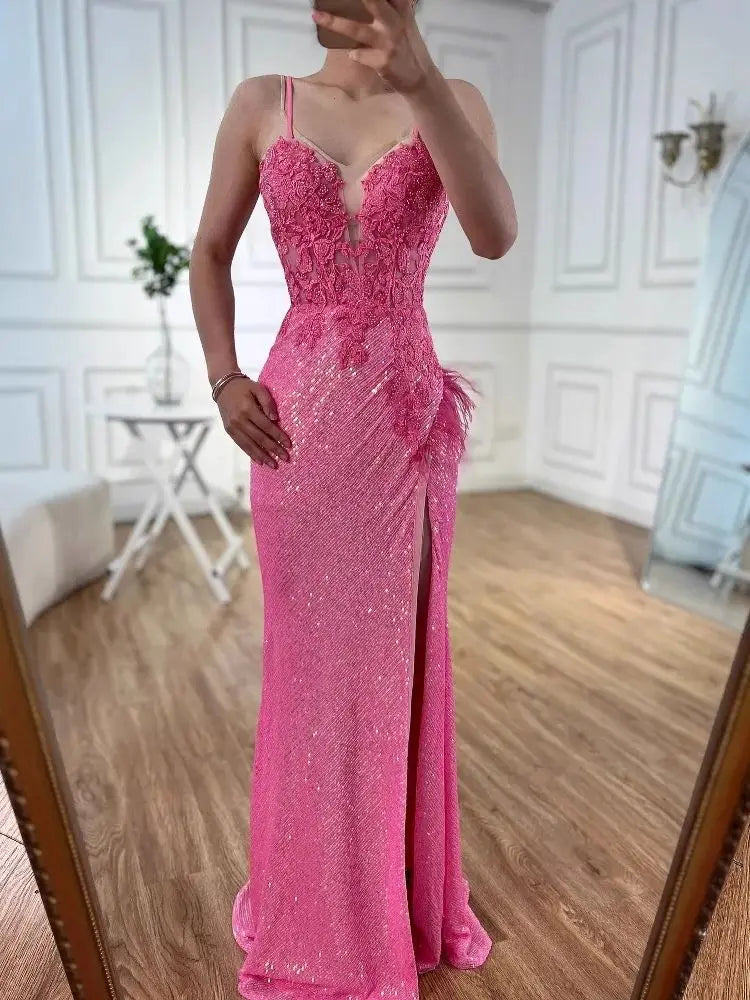 Luxury Pink Feather Beaded Mermaid Prom Dress with Slit LA72987