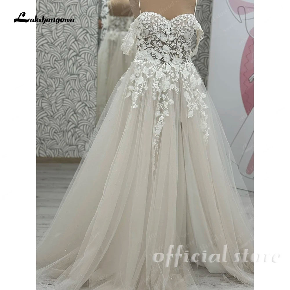 Lakshmigown Off The Shoulder Champagne Wedding Dress Lace Applique Custom