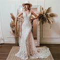 Customized Bohemian Lace Wedding Dress Deep V Neck Mermaid Gown With Shear Train