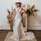 Customized Bohemian Lace Wedding Dress Deep V Neck Mermaid Gown With Shear Train