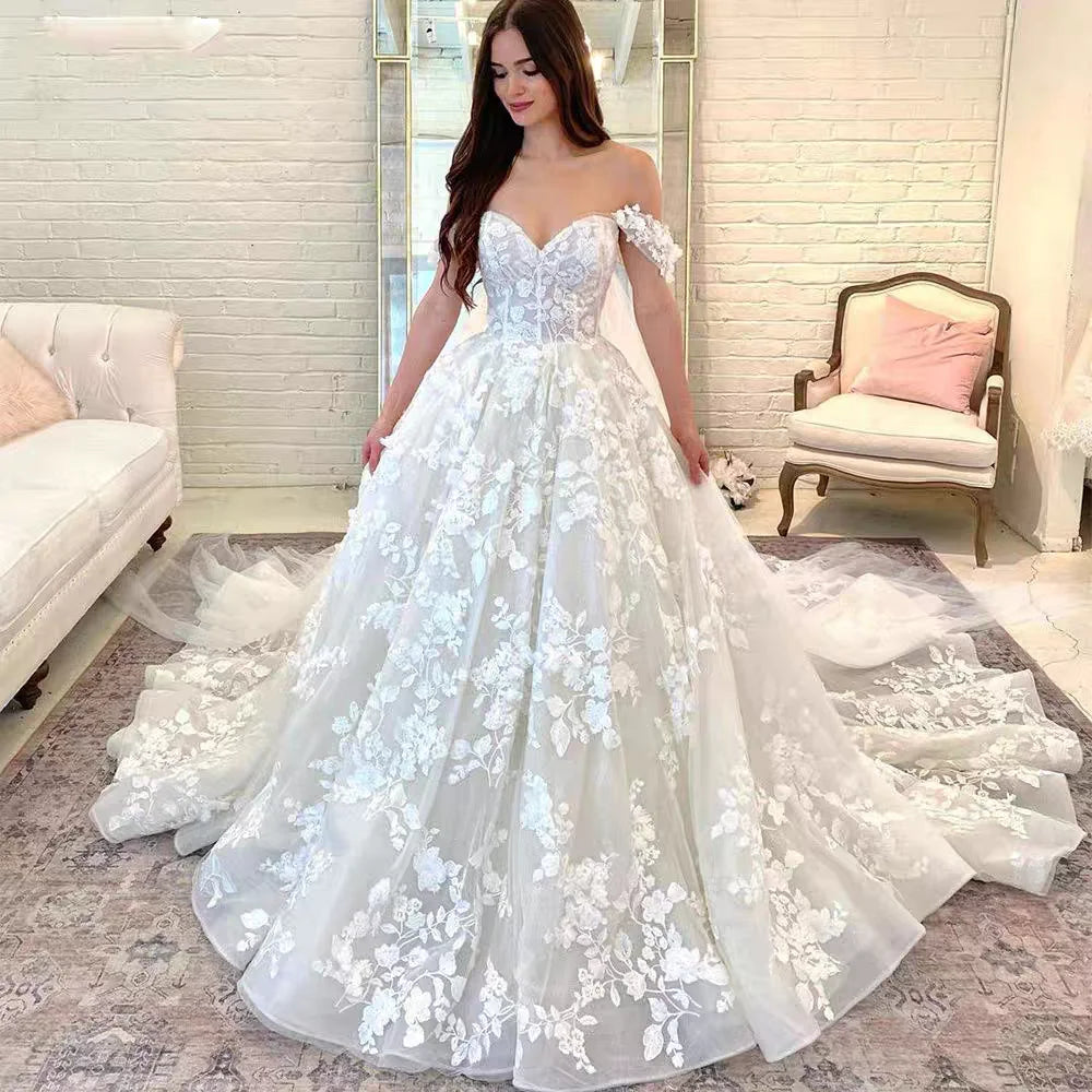 Custom Off Shoulder Wedding Dress With Sweetheart Appliques And Backless Fit