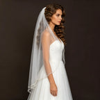Vintage Pearl Beaded Fingertip Wedding Veil Single Layer Tulle Comb
