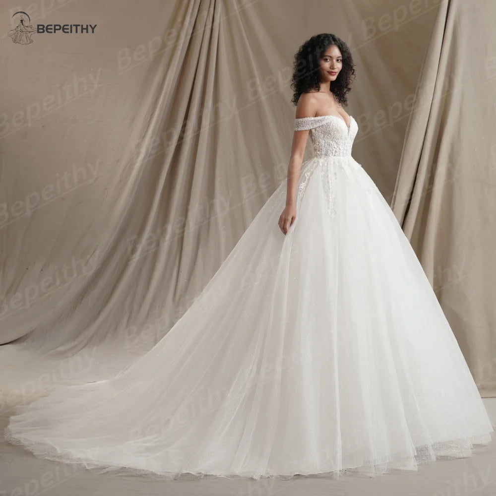 Customized Sweetheart Glitter Boho Wedding Dress Plus Size Ivory