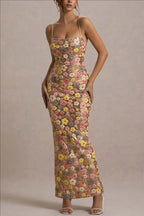 Summ Frauen Blumen Pailletten Flickwerk Enges Festliches Langes Kleid Trägerlos Modisches Maxikleid, Sexy Ärmelloses Damenkleid Kleider
