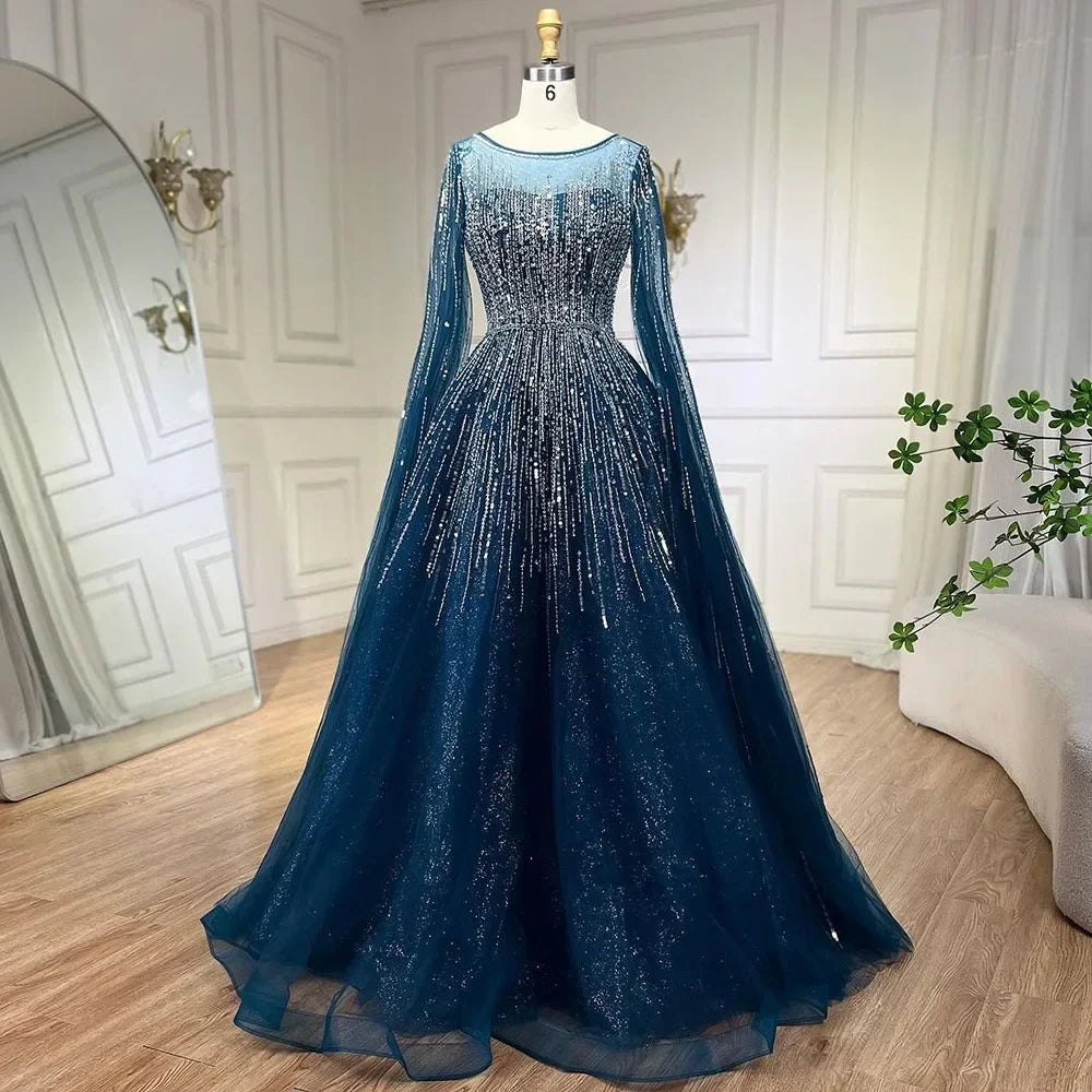 Serene Hill Blue Cape Sleeve Beaded Aline Evening Dress Custom Party Gown