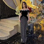 Serene Hill Black Off Shoulder Mermaid Beaded Evening Gown Custom Party Dress