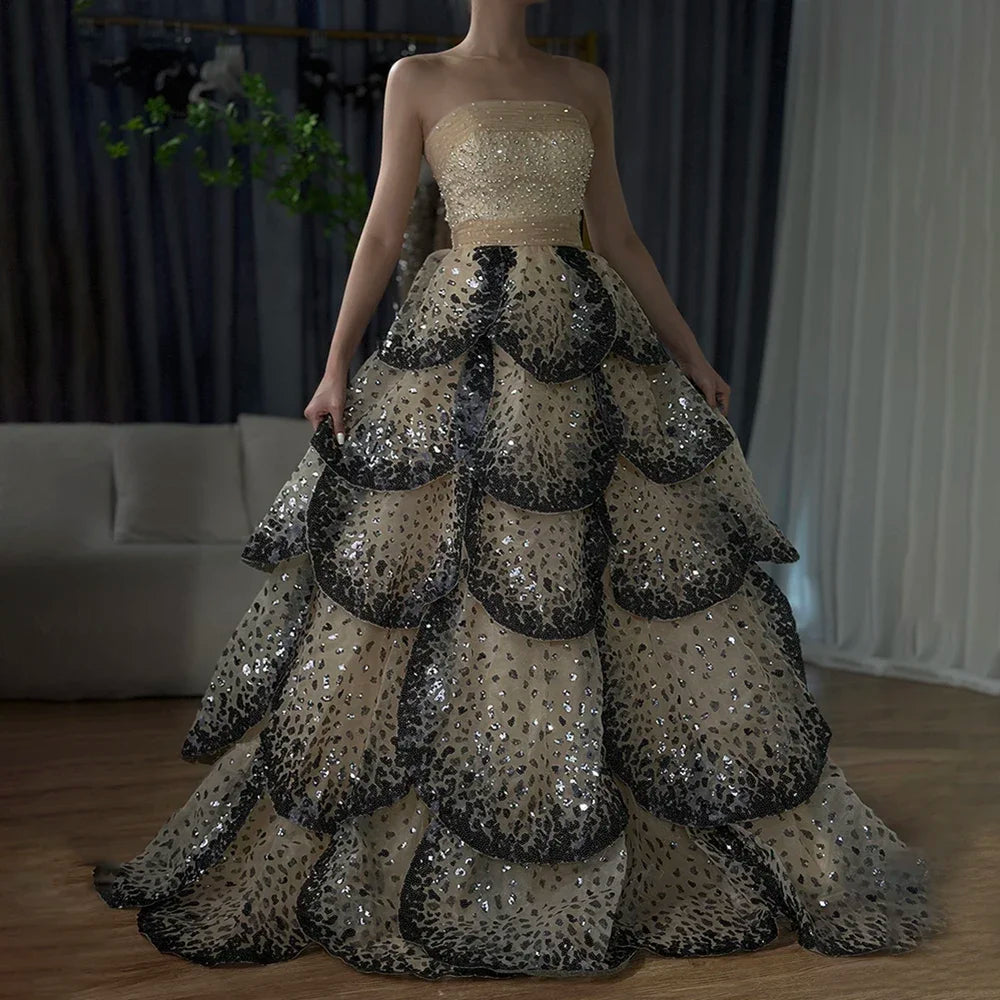 Serene Hill Custom Black Strapless Sequined Evening Prom Dress For Women