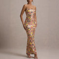 Summ Frauen Blumen Pailletten Flickwerk Enges Festliches Langes Kleid Trägerlos Modisches Maxikleid, Sexy Ärmelloses Damenkleid Kleider