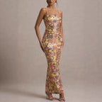 Summ Frauen Blumen Pailletten Flickwerk Enges Festliches Langes Kleid Trägerlos Modisches Maxikleid, Sexy Ärmelloses Damenkleid Kleider